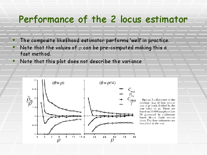 Performance of the 2 locus estimator § The composite likelihood estimator performs ‘well’ in