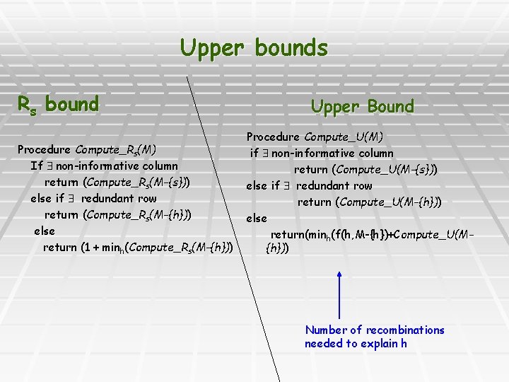 Upper bounds Rs bound Procedure Compute_Rs(M) If non-informative column return (Compute_Rs(M-{s})) else if redundant