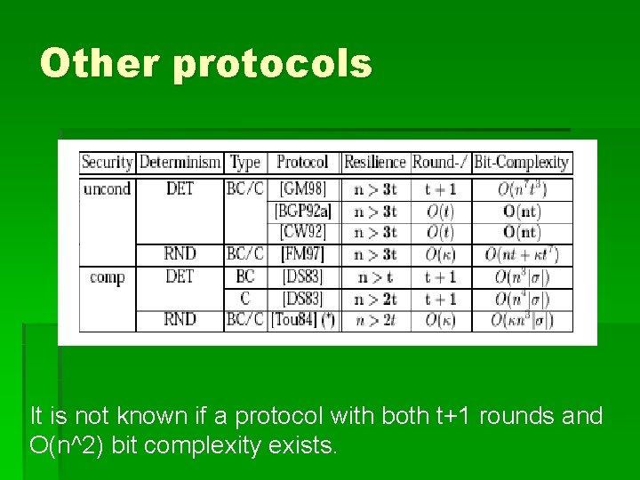 Other protocols It is not known if a protocol with both t+1 rounds and