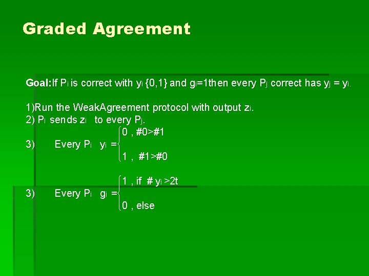 Graded Agreement Goal: If Pi is correct with yi {0, 1} and gi=1 then