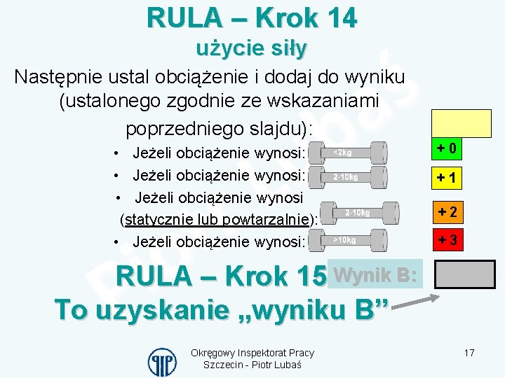 RULA – Krok 14 użycie siły Następnie ustal obciążenie i dodaj do wyniku (ustalonego