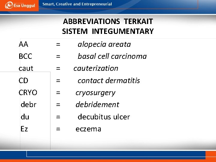 ABBREVIATIONS TERKAIT SISTEM INTEGUMENTARY AA BCC caut CD CRYO debr du Ez = =