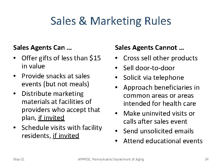 Sales & Marketing Rules Sales Agents Can … • Offer gifts of less than