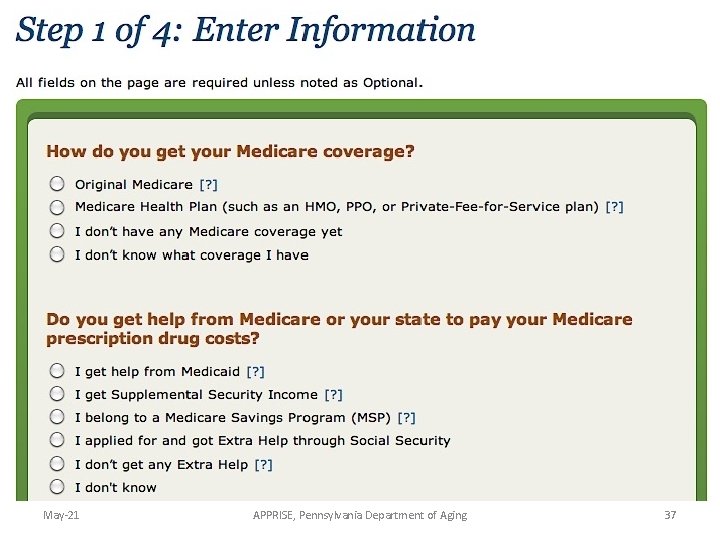 May-21 APPRISE, Pennsylvania Department of Aging 37 