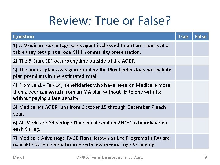Review: True or False? Question True False 1) A Medicare Advantage sales agent is