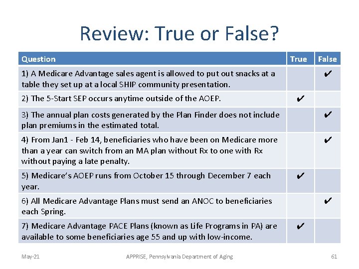 Review: True or False? Question True 1) A Medicare Advantage sales agent is allowed