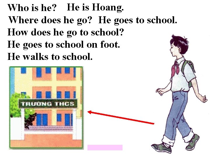 Who is he? He is Hoang. Where does he go? He goes to school.