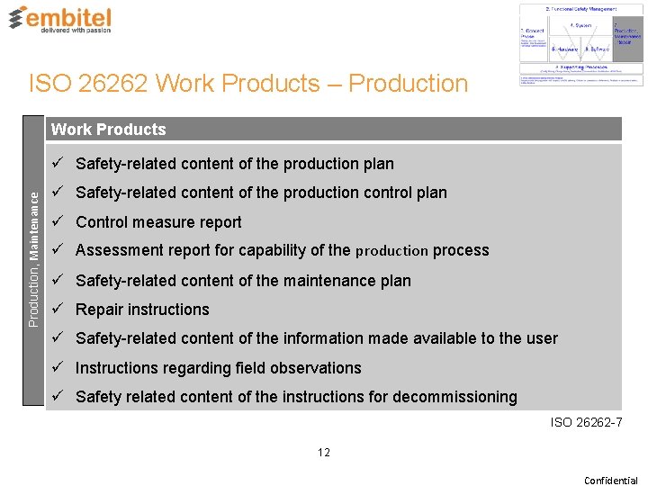 ISO 26262 Work Products – Production Work Products Production, Maintenance ü Safety-related content Hazard