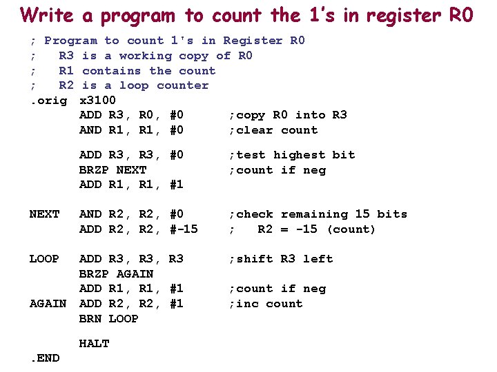 Write a program to count the 1’s in register R 0 ; Program to