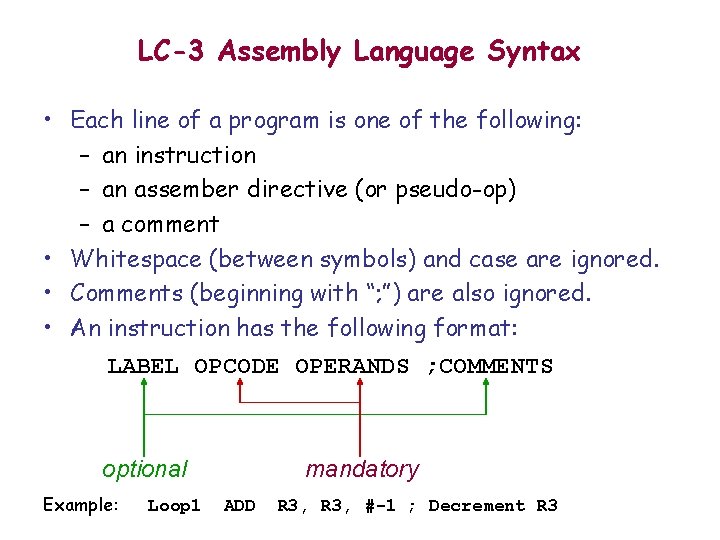 LC-3 Assembly Language Syntax • Each line of a program is one of the