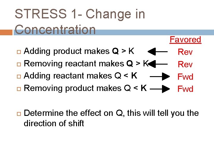 STRESS 1 - Change in Concentration Adding product makes Q > K Removing reactant STRESS 1 - Change in Concentration Adding product makes Q > K Removing reactant