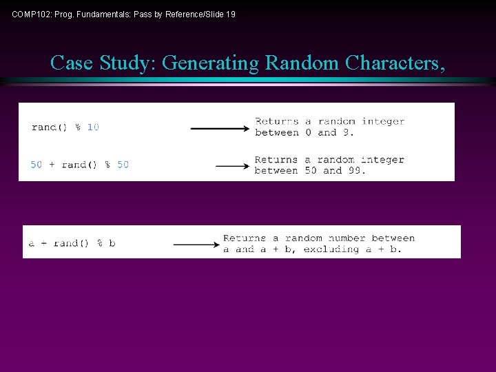 COMP 102: Prog. Fundamentals: Pass by Reference/Slide 19 Case Study: Generating Random Characters, 