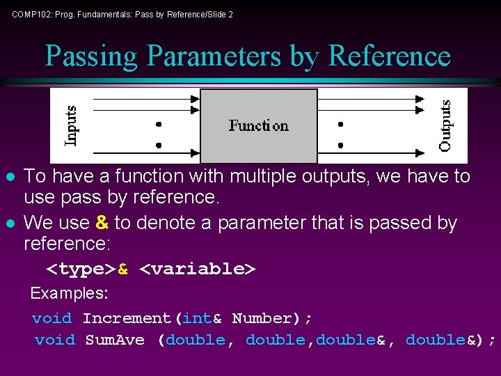 COMP 102: Prog. Fundamentals: Pass by Reference/Slide 2 Passing Parameters by Reference l l