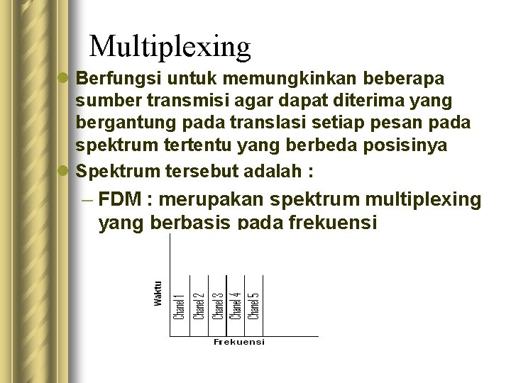 Multiplexing l Berfungsi untuk memungkinkan beberapa sumber transmisi agar dapat diterima yang bergantung pada