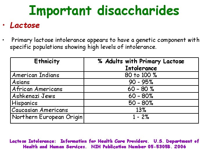 Important disaccharides • Lactose • Primary lactose intolerance appears to have a genetic component