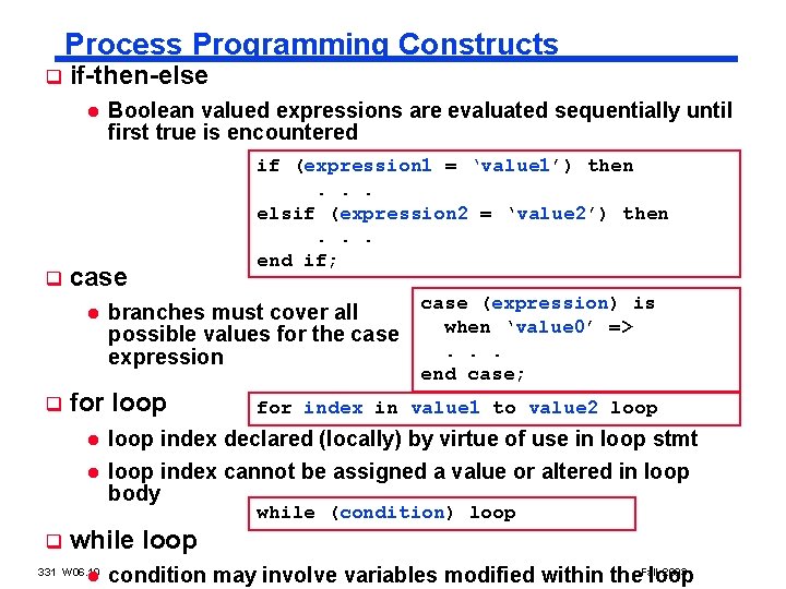 Process Programming Constructs q if-then-else l q Boolean valued expressions are evaluated sequentially until