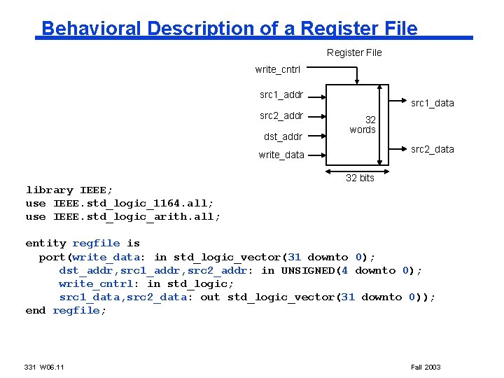 Behavioral Description of a Register File write_cntrl src 1_addr src 2_addr dst_addr src 1_data