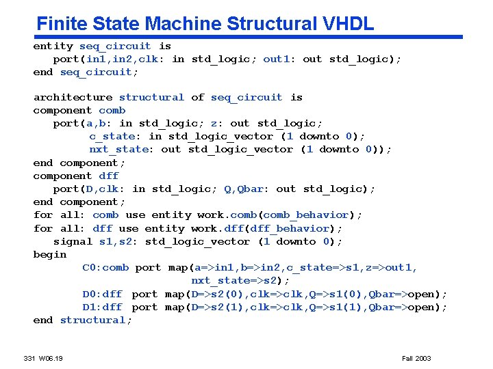 Finite State Machine Structural VHDL entity seq_circuit is port(in 1, in 2, clk: in