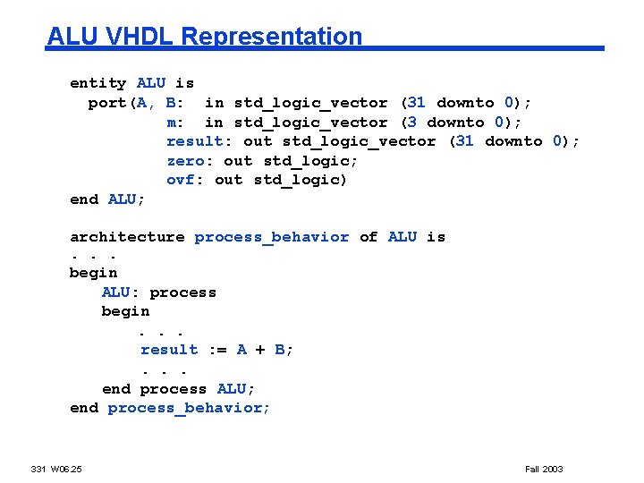 ALU VHDL Representation entity ALU is port(A, B: in std_logic_vector (31 downto 0); m: