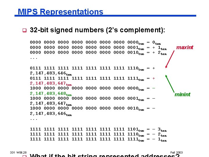 MIPS Representations q 32 -bit signed numbers (2’s complement): 0000 0000 two = 0