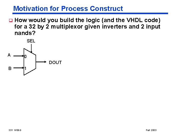 Motivation for Process Construct q How would you build the logic (and the VHDL