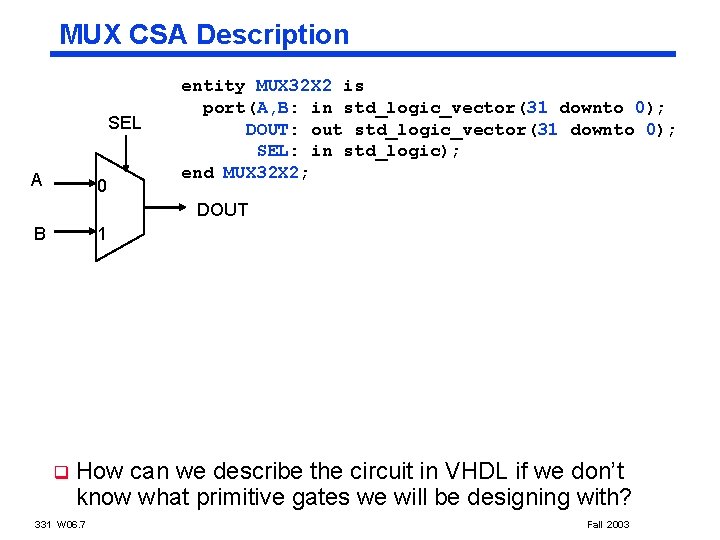 MUX CSA Description SEL A 0 entity MUX 32 X 2 is port(A, B: