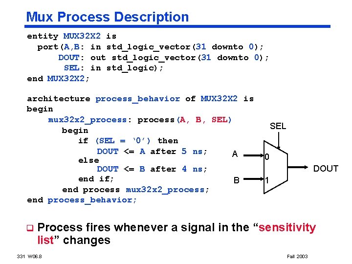 Mux Process Description entity MUX 32 X 2 is port(A, B: in std_logic_vector(31 downto