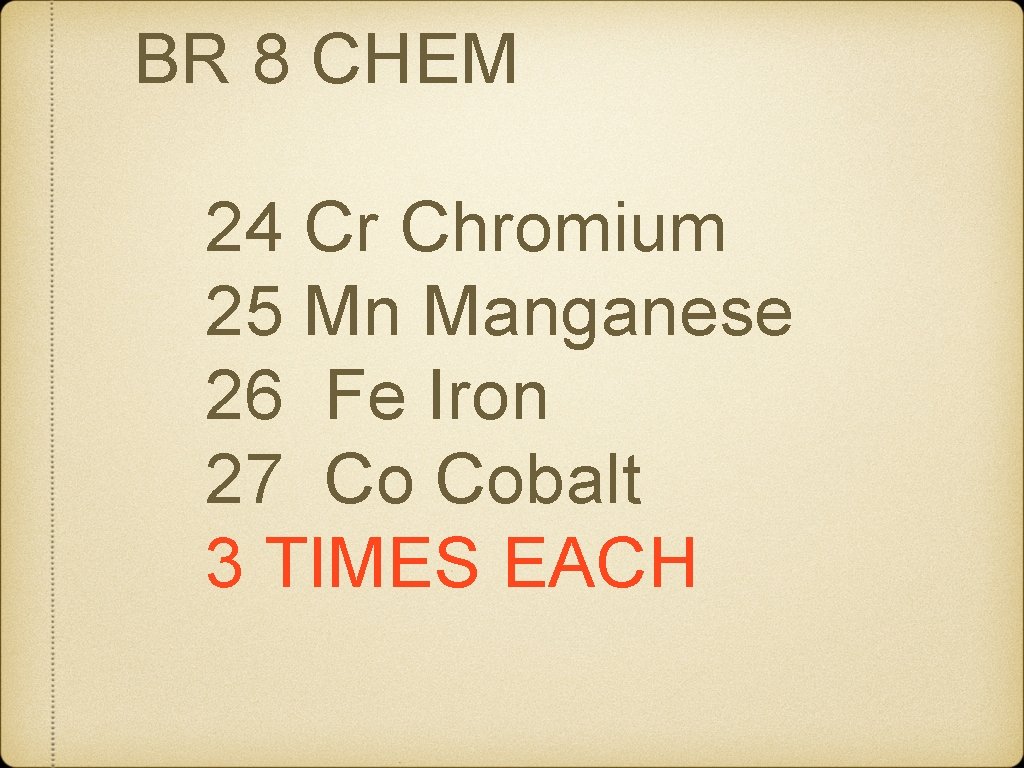 BR 8 CHEM 24 Cr Chromium 25 Mn Manganese 26 Fe Iron 27 Co