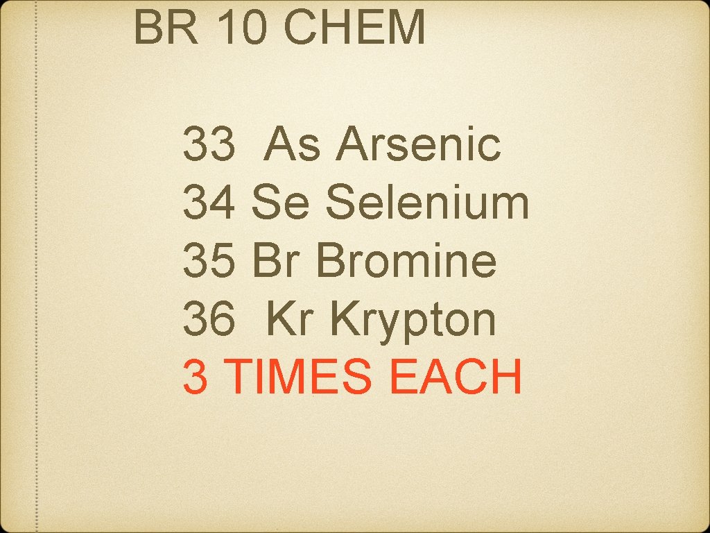 BR 10 CHEM 33 As Arsenic 34 Se Selenium 35 Br Bromine 36 Kr