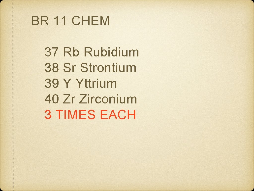 BR 11 CHEM 37 Rb Rubidium 38 Sr Strontium 39 Y Yttrium 40 Zr