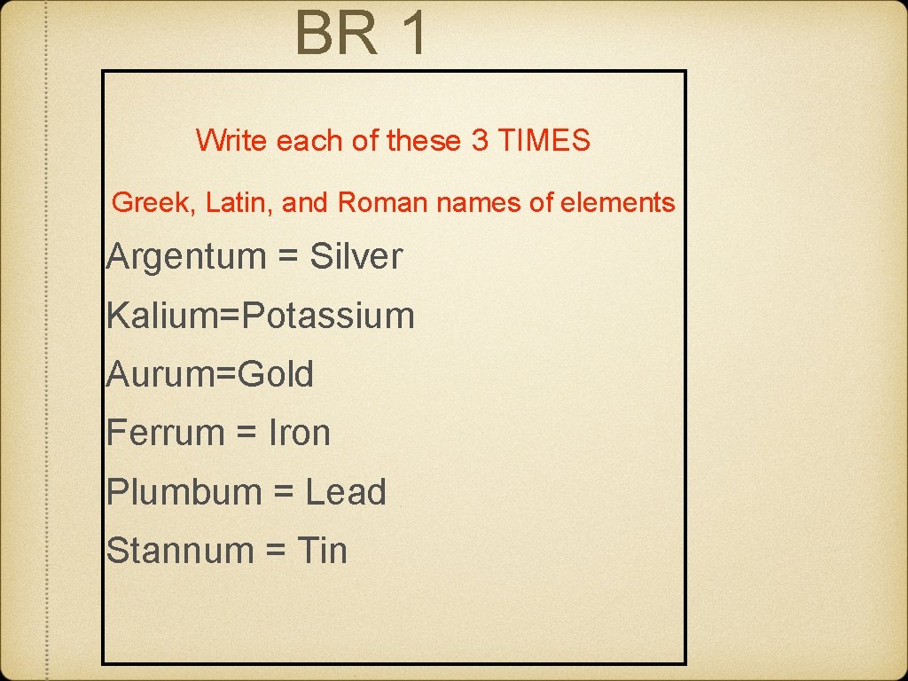 BR 1 Write each of these 3 TIMES Greek, Latin, and Roman names of