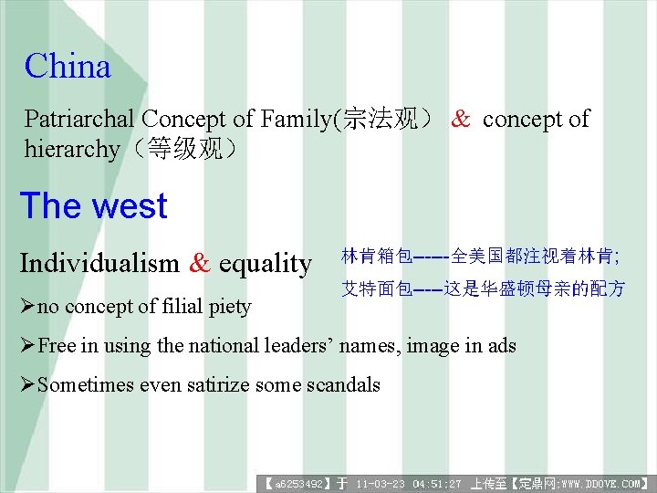 China Patriarchal Concept of Family(宗法观） & concept of hierarchy（等级观） The west Individualism & equality