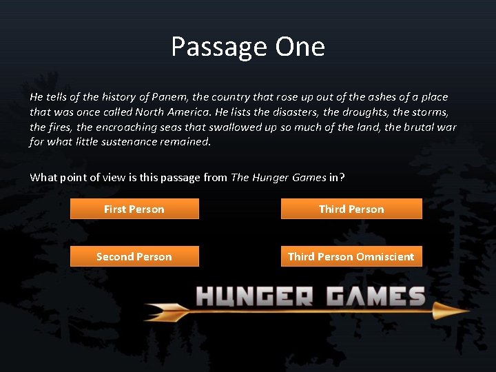 Passage One He tells of the history of Panem, the country that rose up