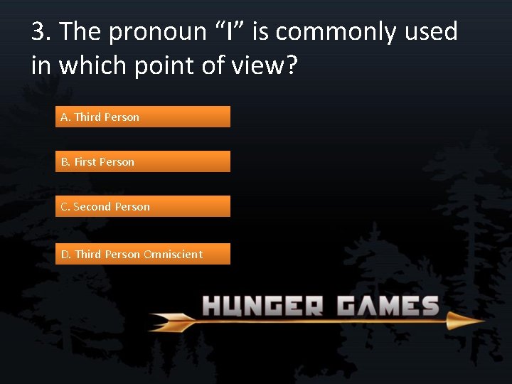 3. The pronoun “I” is commonly used in which point of view? A. Third