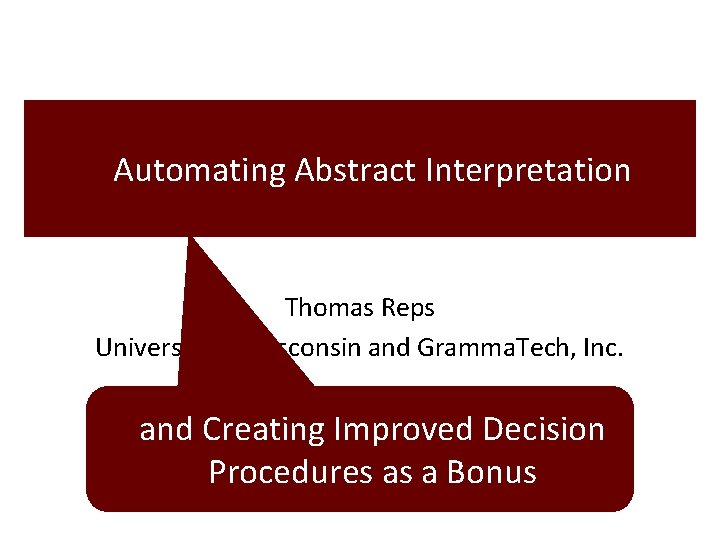 Automating Abstract Interpretation Thomas Reps University of Wisconsin and Gramma. Tech, Inc. and Creating