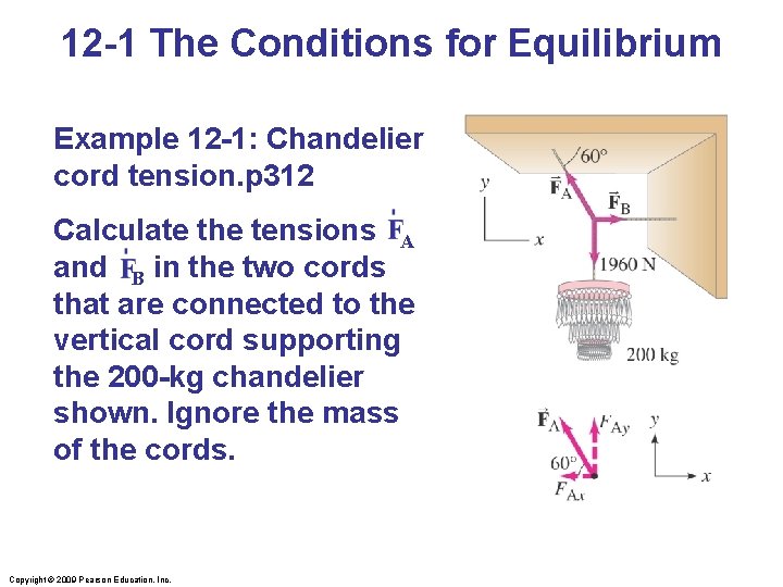 12 -1 The Conditions for Equilibrium Example 12 -1: Chandelier cord tension. p 312 12 -1 The Conditions for Equilibrium Example 12 -1: Chandelier cord tension. p 312