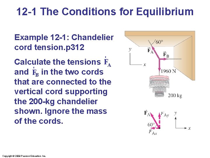 12 -1 The Conditions for Equilibrium Example 12 -1: Chandelier cord tension. p 312