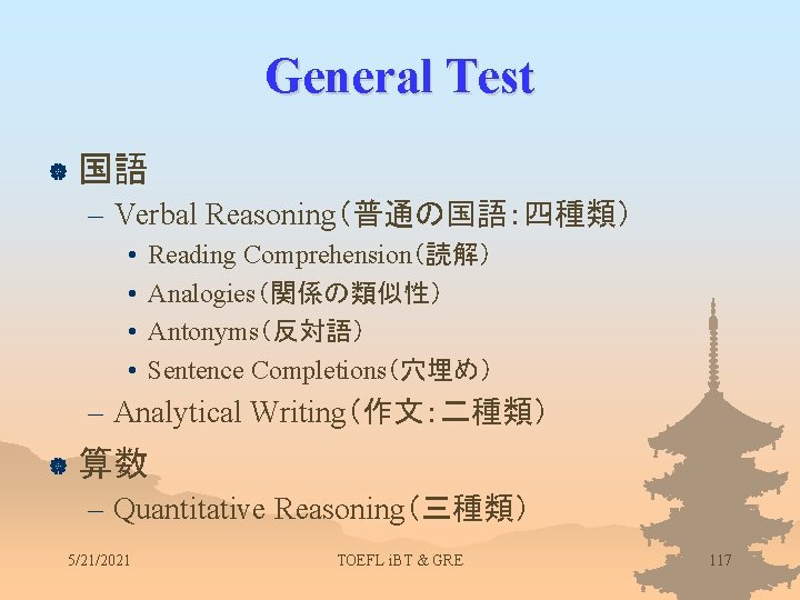 General Test | 国語 – Verbal Reasoning（普通の国語：四種類） • • Reading Comprehension（読解） Analogies（関係の類似性） Antonyms（反対語） Sentence