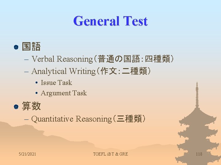 General Test | 国語 – Verbal Reasoning（普通の国語：四種類） – Analytical Writing（作文：二種類） • Issue Task •
