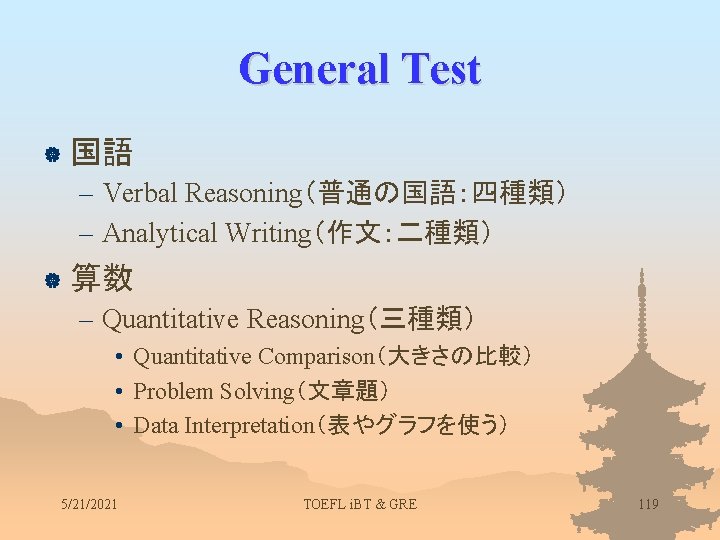 General Test | 国語 – Verbal Reasoning（普通の国語：四種類） – Analytical Writing（作文：二種類） | 算数 – Quantitative