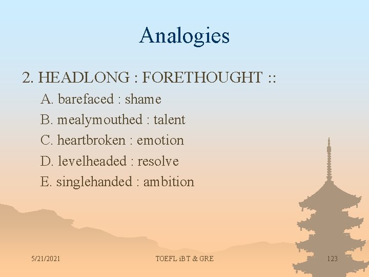 Analogies 2. HEADLONG : FORETHOUGHT : : A. barefaced : shame B. mealymouthed :