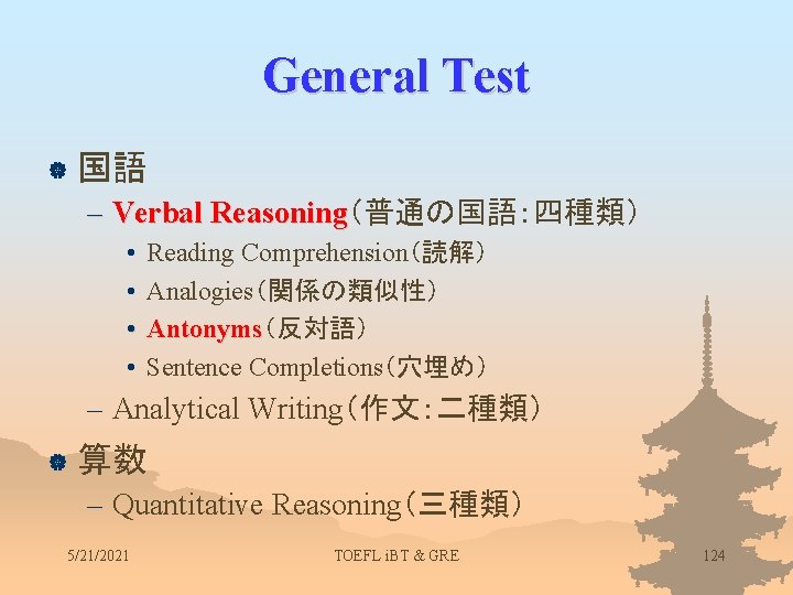 General Test | 国語 – Verbal Reasoning（普通の国語：四種類） Reasoning • • Reading Comprehension（読解） Analogies（関係の類似性） Antonyms（反対語）