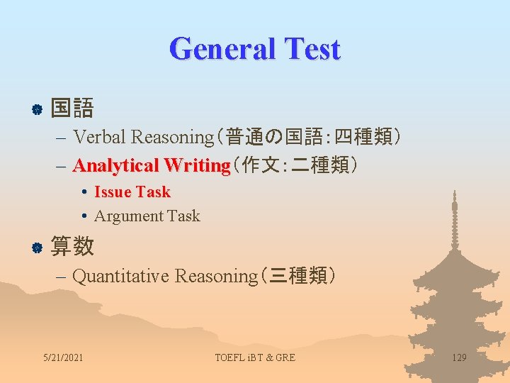 General Test | 国語 – Verbal Reasoning（普通の国語：四種類） – Analytical Writing（作文：二種類） Writing • Issue Task