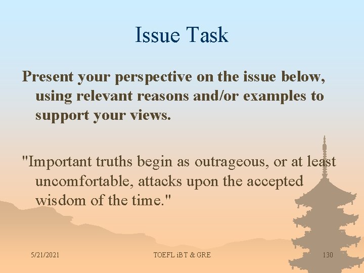 Issue Task Present your perspective on the issue below, using relevant reasons and/or examples