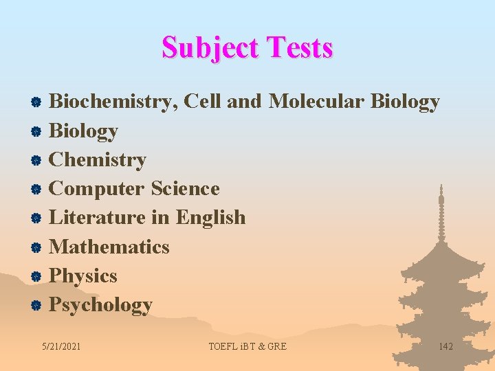 Subject Tests Biochemistry, Cell and Molecular Biology | Chemistry | Computer Science | Literature