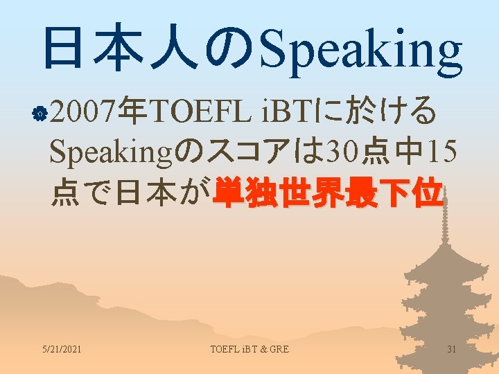 日本人のSpeaking |2007年TOEFL i. BTに於ける Speakingのスコアは 30点中 15 点で日本が単独世界最下位 5/21/2021 TOEFL i. BT & GRE