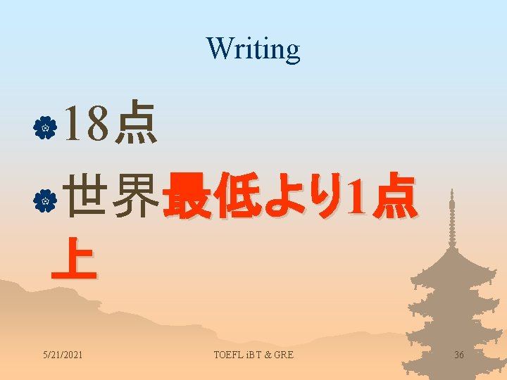 Writing |18点 |世界最低より1点 上 5/21/2021 TOEFL i. BT & GRE 36 