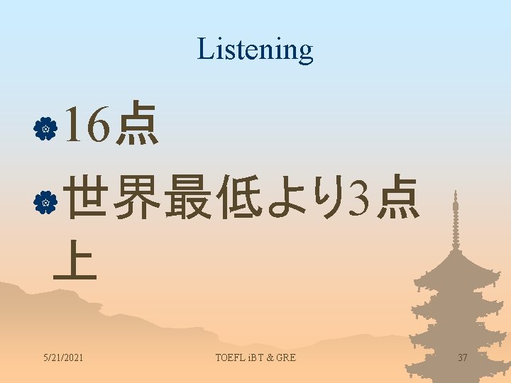 Listening |16点 |世界最低より3点 上 5/21/2021 TOEFL i. BT & GRE 37 