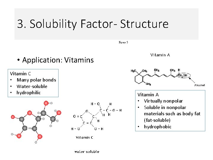 3. Solubility Factor- Structure • Application: Vitamins Vitamin C • Many polar bonds •