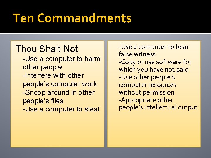 Ten Commandments Thou Shalt Not -Use a computer to harm other people -Interfere with Ten Commandments Thou Shalt Not -Use a computer to harm other people -Interfere with